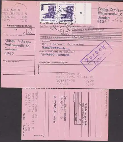 Albrechtsburg Meissen 200 Pfg. DDR 3351(2), in seltener Verwendung auf Postanweisung kpl. mit Einlief.-Teil, zurück