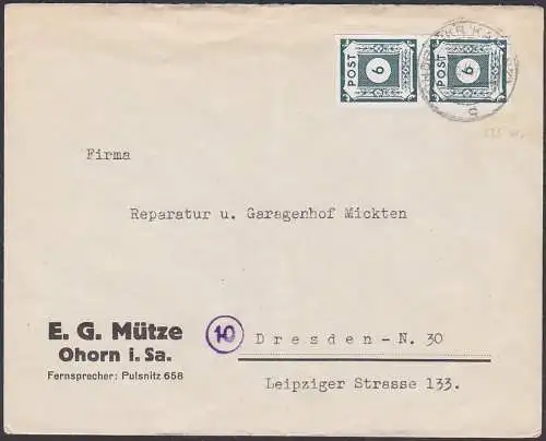 SBZ Ostsachsen 6 Pf. Fernbrief OHORN (Kr. Kamenz) portogenau MiNr. 43BIIb senkr. Paar nach Dresden