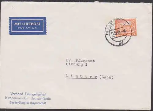 Schloss Berlin-Tegel 25 Pfg.  Berlin(West) 50, Luftpost-Brief nach Limburg, Evangelischer Kirchenmusiker, Steglitz