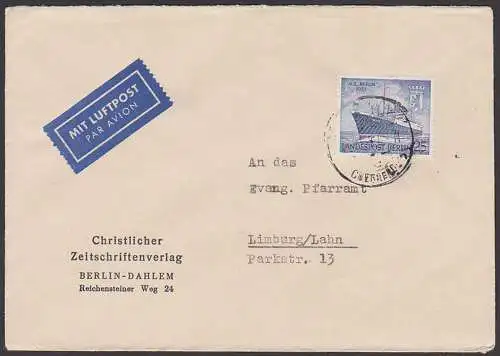 MS "BERLIN" 1955, 25 Pfg. Landespost Berlin 127 auf Lp-Brief von Christlicher Zeitschriftenverlag Berlin-Dahlem