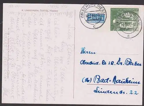 Schlitz Hessen 10+2 Pfg. Jugendherberge BRD 153 portogenau, 14.7.53 mit Steuermarke Berlin NO