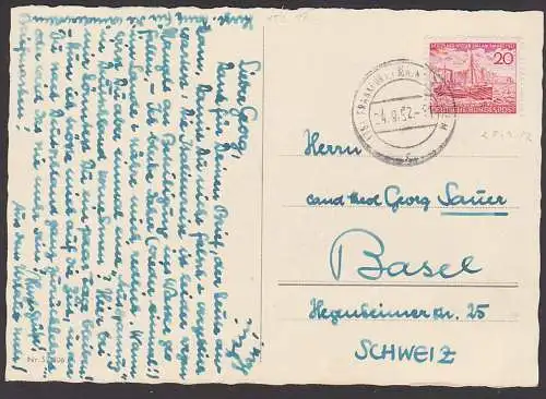 Helgoland Rückgabe der Insel 1952, 20 Pf. Hochseefischdampfer BRD 152 auf Ak nach der Schweiz