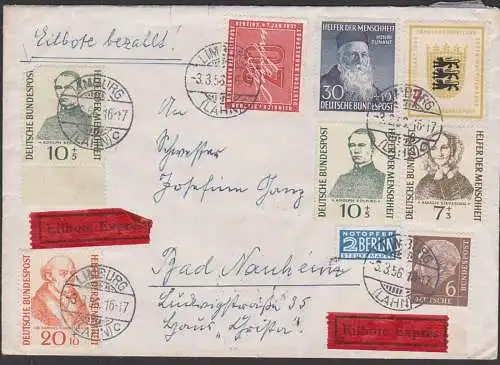 Henri Dunant 30+10 Pfg. Rotes Kreuz, Friedens-Novelpreis BRD 159, NO-Steuermarke, Eilboten-Brief, Bp Giessen-Koblenz