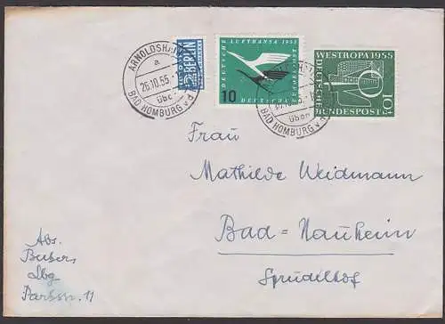 Arnoldsheim über Bad Homburg, 10+2 Pfg.  Westropa 1955, Lufthansa BRD 206, 217, Brief mit NO-Steuermarke