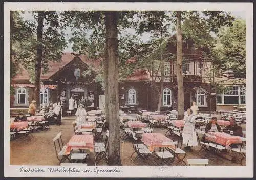 Gaststätte Witschofska im Spreewald Farblichtdruckkarte SoSt. Lübbenau Tracht Spreewälderin auf Boot, 1951