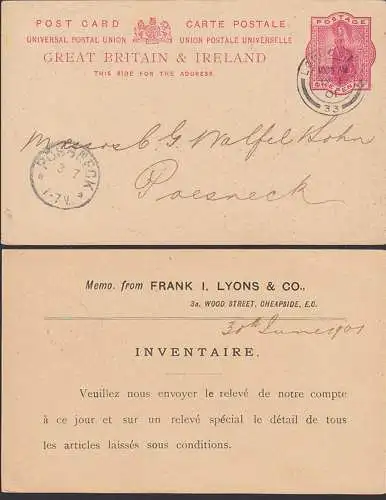 card great britain & Ireland, Frnk I. Lyons & Co., Ganzsache mit privatem Zudruck 1901 n. Deutschland Pößneck