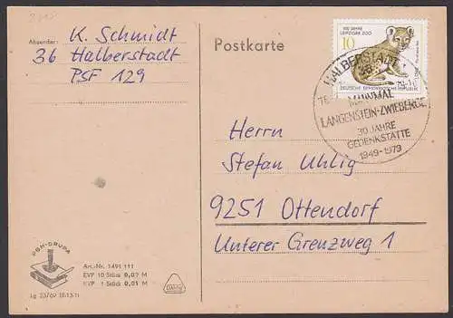 Halberstadt SoSt. Langenstein Zwieberge 30 Jahre Gedenkstätte, Karte mit DDR 2318, 10 Pfg. Löwe, pantherea leo