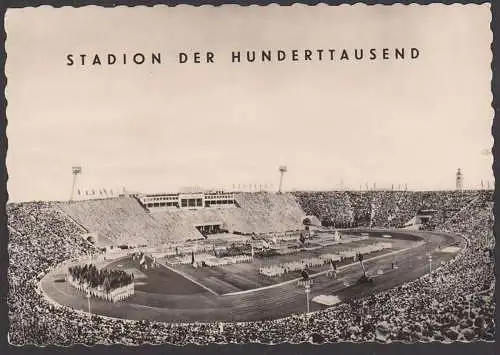 Leipzig Stadion der Hundertausend, Foto-Karte MWSt. Deutsche Lufthansa schnell, sicher bequem in alle Welt 1957