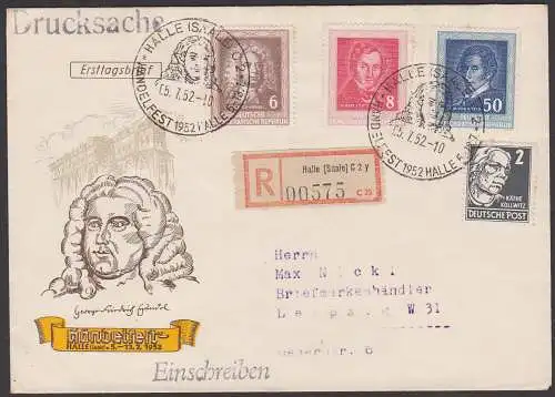 Händelfest in Halle (Saale), Albert Lortzing, C. M. von Weber, DDR 308/10 FDC portogenau R-Brief als Drucksache - selten