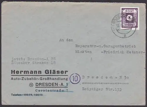 SBZ 8 Pfg. Ziffern Ostsachsen 44A, Ortsbrief, portogenau Dresden, Auto-Zubehör-Großhandlung mit Abs.-Änderung