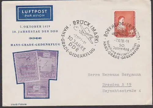 Hans Grade Brück (Mark) 1959 Gedenkflug, Schmuckumschlag 10 Jahre DDR