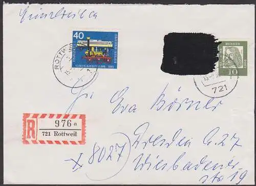 Postkrieg BRD-DDR R-Brief Rottweil mit "20 Jahre Vertreibung" schwarz übermalt, BRD 479 nach Dresden, Saxonia Eisenbahn