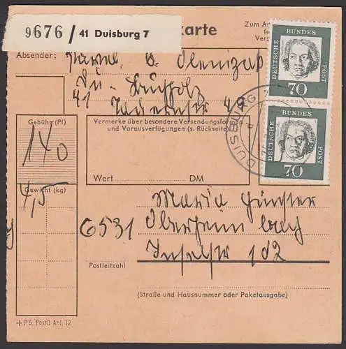 Beethoven, Ludwig van BRD 70 Pfg. MiNr. 358(2), portogenau, Komponist Paketkarte Dusiburg 7 portorichtig