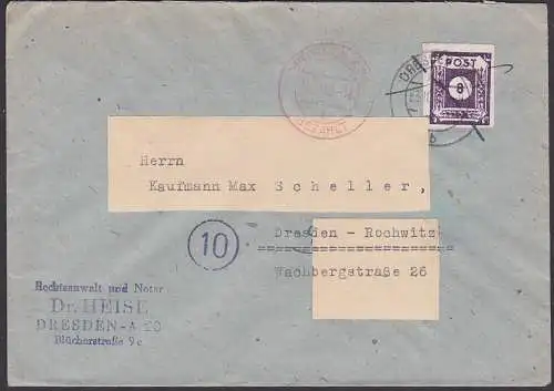 SBZ OPD Ostsachsen 8 Pf auf Ortsbrief 23.10.45, Brief weiterverwendet und mit "Gebühr bezahlt"-St. freigemacht 30.10.46