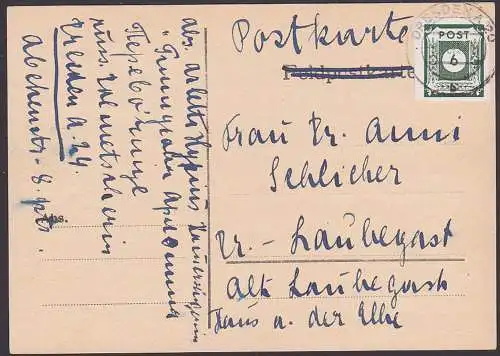 SBZ OPD Ostsachsen 43Aa, 6 Pf .  Dresden A20 8.11.45, Postkarte nach Laubegast portogenau