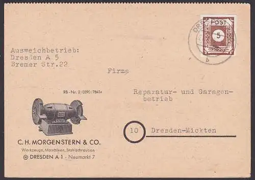 SBZ OPD Ostsachsen 42A, 5 Pf . portogenau auf Firmenkarte Dresden Abb. Schleifmaschine, Schleifbock