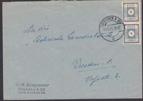 Dresden A29, OPD Ostsachsen, MiNr. 53 (2), 4 Pf. Ziffer im Kreis Ortsbrief 11.12.45 an Sächsische Landesbank