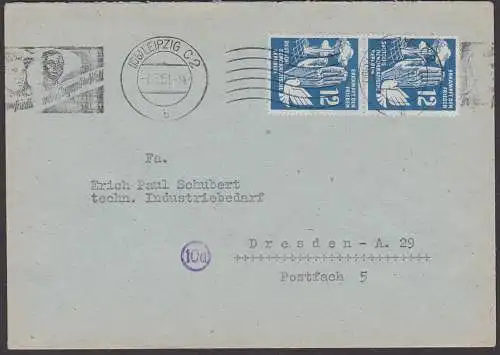 pace, Frieden 12 Pfg. DDR 278(2), MWSt. Leipzig 7.3.51, Weltfestspiele Berlin Hand vor Atombombe, erkämpft den Frieden