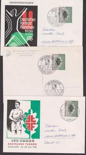 München Deutsches Turn- und Sportfest 1958 3 Schmuckkarten SoSt.  21.7.58