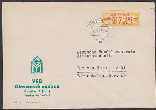 Freital DDR ZKD B17M 20 Pf. Wertstreifen 30.6.58, VEB Glasmaschinenbu