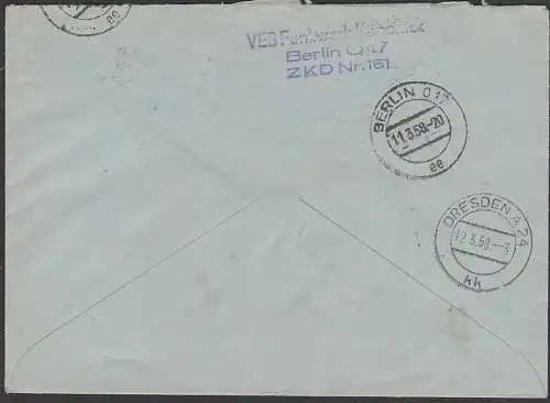 BERLIN O17 DDR ZKD B16L 10Pf. Wertstreifen als MeF 11.3.58,VEB Funkwerk Köpenick, ZKD-Nr. 161