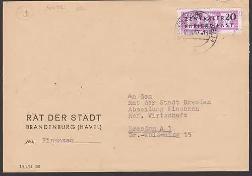 Brandenburg (Havel), DDR ZKD-Brief B15(4002) Kreisaufdruck, Rat der Stadt Finanzen nach Dresden