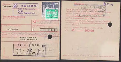 Auerbach Schnarrtanne Einzahlungsauftrag an Staatsbank DDR, Spatelstempel (23), MiF Rostock Warnemünde gr. /kl. Format