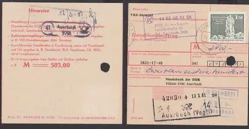 Auerbach (Vogtland) Einzahlungsauftrag an Staatsbank der DDR, EF 100 Pfg. Sowjetisches Ehrenmal Berlin-Treptow 1981