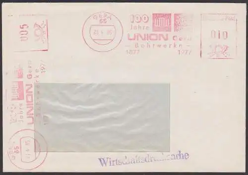 GERA 23.4.85, zwei AFS  Abschläge =010=, =005= Wirtschaftsdrucksache 100 Jahre UNION Bohrwerke WMW