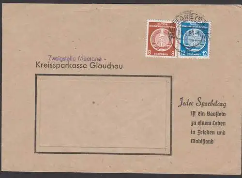 MEERANE Dienstpostbrief BPP gepr. Kreissparkasse Glauchau, Umschlag mit Werbung "Jeder Sparbetrag ist ein Baustein..."