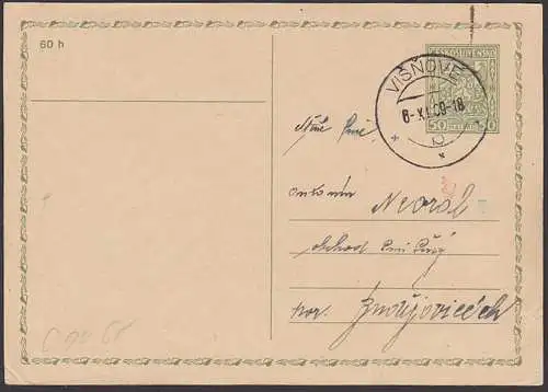 Böhmen und Mähren Mitläufer GA VP35, 6.XI.39 VISNOVE 50 Heller, Protektorat