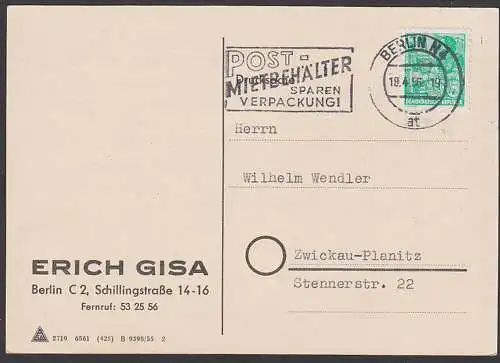 Berlin N4, MWSt. "Post-Mietbehälter sparen Verpackung!"  18.4.56, Stahlbau Werbung Drucksache