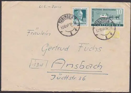 Französische Zone Württemberg, mit Notopfermarke Tübingen 12.10.49 Gustav-Werner-Stiftung, Postkutsche Mi. 47, 49