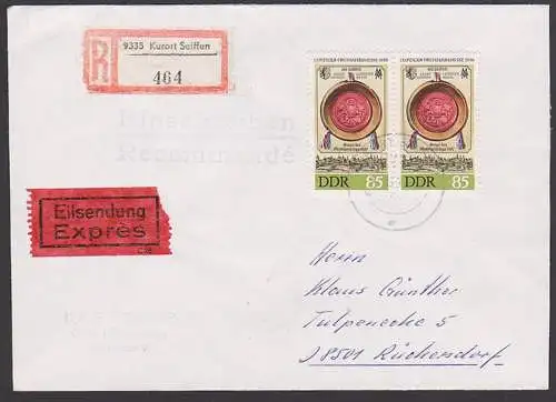 DDR 3317(2) 85 Pfg. Leipziger Frühjahrsmesse 1990 auf Auslands-R-Eil-Brief 12.3.90 Kurort Seiffen nach Rückersdorf BRD