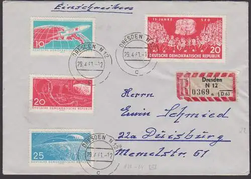 Weltraumflieger Juri  Gagarin DDR 822/24 portogenauer R-Auslandsbrief nach Dusiburg, 29.4.61