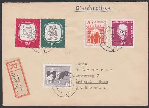 Heinrich Zille DDR 628 portogenauer Auslands-R-Bf nach Spiegel - Bern, rs. Tauschmarke des Kulturbundes, Max Planck