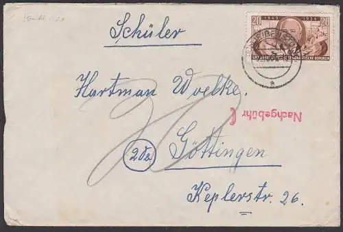 Eibenstock 20 Pf 5 Jahre DDR mit Wilhelm Pieck, nach Göttingen, Nachgebühr 30 Pf. weil Briefgewicht > 20g.