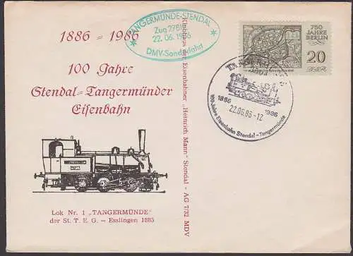 Tangermünde - Stendal 100 Jahre Eisenbahn 1986 Sonderstempel und Beförderungsst. Zug 27812 DMV Sonderfahrt