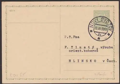 Böhmen und Mähren Mitläufer GA VP35, 20.XI.39 NOVY BYDZOV 50 Heller, Protektorat Neubidschow