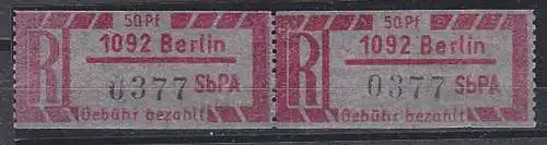 DDR Einschreibemarken  1Cy ** 1092 Berlin SbPA, zusammenhängend, R-Zettel lfd. Nr. 0377, postfrisch