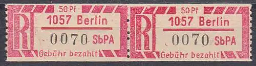 Einschreibemarken  1Ax ** 1057 Berlin SbPA, zusammenhängend, R-Zettel lfd. Nr. 0070, postfrisch