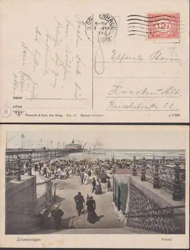 Scheveningen Strand Nederland Karte 1922 nach Dresden, Marke mit Firmenlochung, parfin