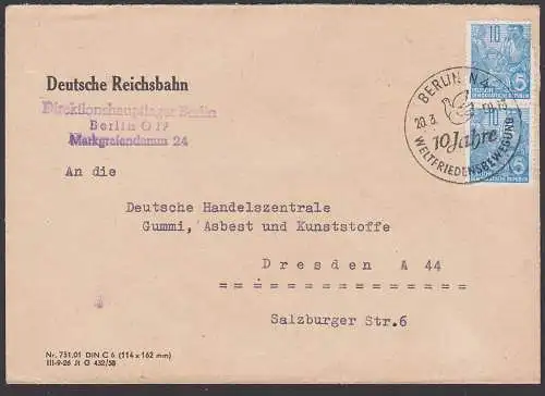 BERLI N4 Fernbrief 20.3.59 SoSt. 10 Jahre Weltfriedensbewegung, Friedenstaube Abs. Deutsche Reichsbahn, colombe dove