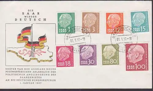 Saarland wieder Deutsch FDC mit allen Werten aus Th. Heuss I (120,-) vom 1.1.1957
