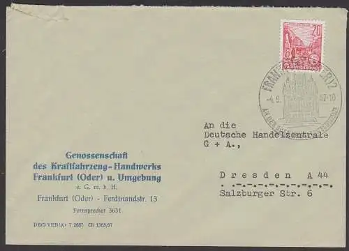 Frankfurt (Oder), 4.9.57, An der Oder-Neisse-Friedensgrenze, Abs. Genossenschaft Kraftfahrzeug-Handwerk, Abb. Rathaus