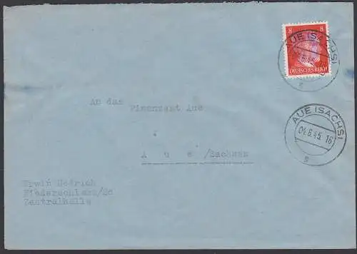 Sächsische Schwärzung AUE 4.6.45, Ortsbrief mit 8 Pf portogenau, Germany SBZ AP 786 I, an Finanzamt