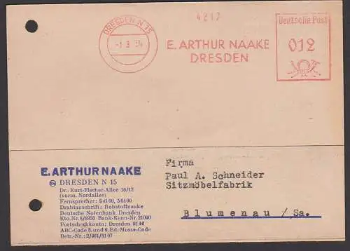 DRESDEN N15 AFS 1.3.54 E. Arthur Naake nach Blumenau, Firmenfreistempel