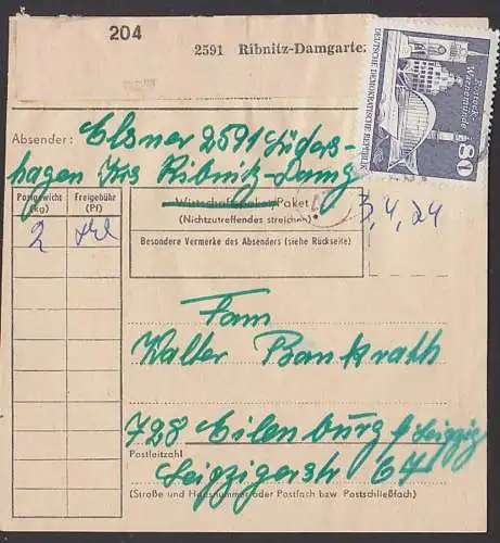 Lüdershahagen Kr. Ribnitz-Damgarten, DDR Paketkarte mit 80 Pf Rostock-Warnemünde Teepott, portogenau über 2 kg-Paket