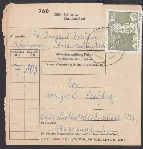 Dierhagen Kr. Ribnitz-Damgarten, DDR Paketkarte mit 1 DM Sowjetisches Ehrenmal Berlin Treptow, portogenau