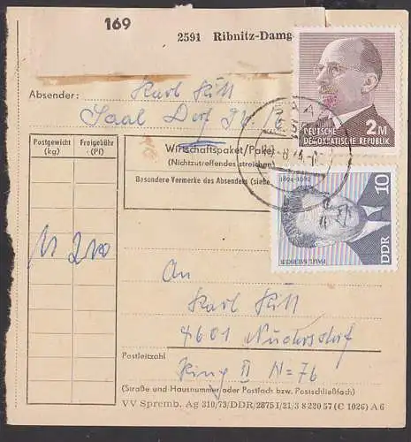 SAAL Kr. Ribnitz-Damgarten, Paketkarte mit 2 M Walter Ulbricht und 10 Pf. Paul Merker nach Nuckersdorf, 10.8.1974